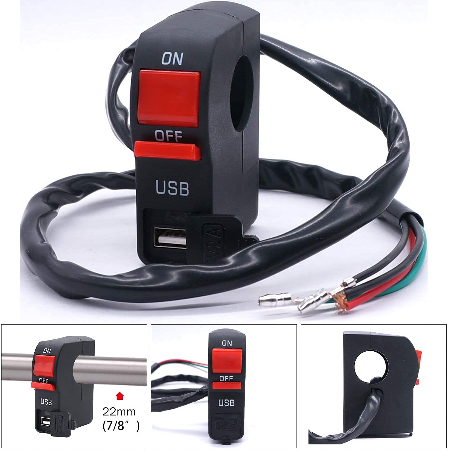 INFRI 12v 7/8 ″ Manubrio Moto On Off Pulsante Interruttore, con 12V5A USB Caricabatteria da Auto Faro Interruttore di Controllo