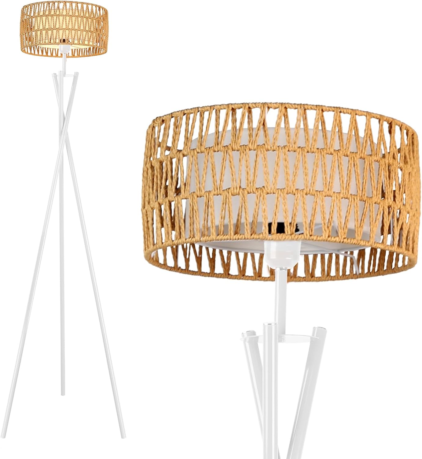 Lightdot Tripod Floor Lamp,Rattan Tall Lamps for Living Room,Mid Century Standing Floor Lamp,Modern Design Shelf Floor Lamp 3000K Soft Light for Living Room,Bedroom,Office with E26 Lamp Base White