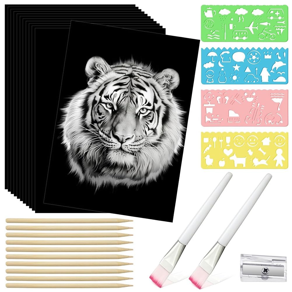 187-Teiliges Kratzpapier-Kunstset, Kratzbrett-Bastelsets, Schwarz Beschichtetes Kratzpapier, Holzkunststift und Schablonen, 8,5 X 11