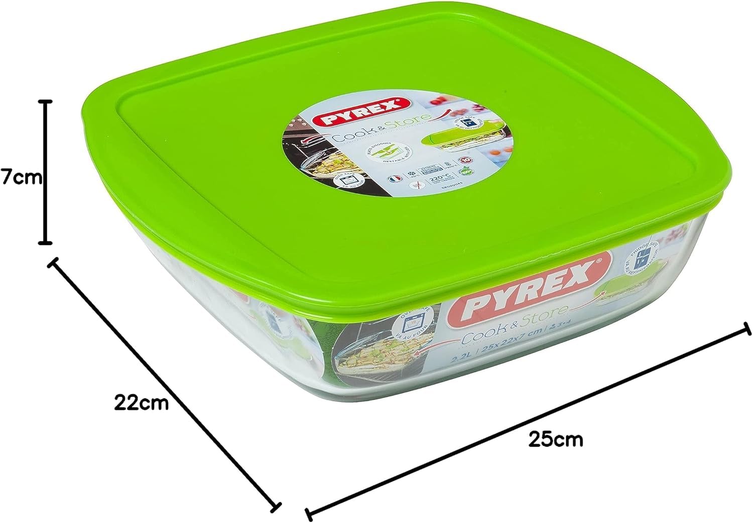 Pyrex - Recipiente quadrato per conservare gli alimenti, con coperchio, in vetro, 25 x 22 x 7 cm, Vetro Boro, 2,2L