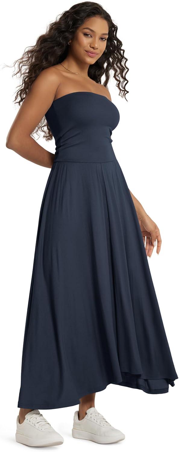 ODODOS Women's 2-in-1 Maxi Dress/Skirt - Drapey Soft Stretch Convertible High-Waist Maxi Skirt or Strapless Dress