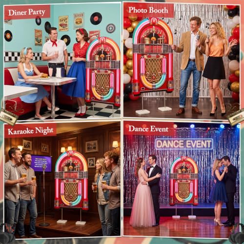 Image of Qunclay 4.5ft Box Cardboard Cutout 1950s Party Decoration Life Size Retro Rock and Roll Photo Booth Prop Stand up 3D Display Backdrop Retro Music Decor for 50s Sock Hop Birthday Party