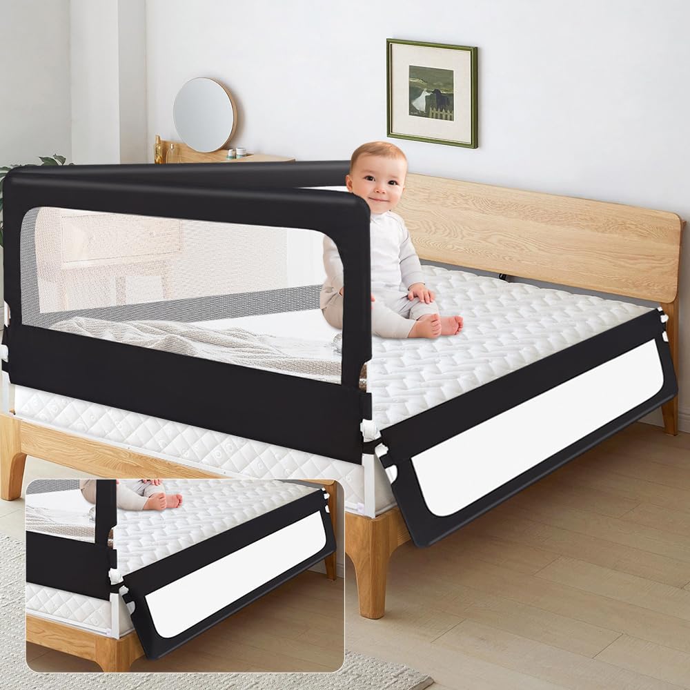 Barrera de cama infantil abatible, tela Oxford, barrera de seguridad infantil, diseño extra alto (negro, 180 x 70 x 26 cm)