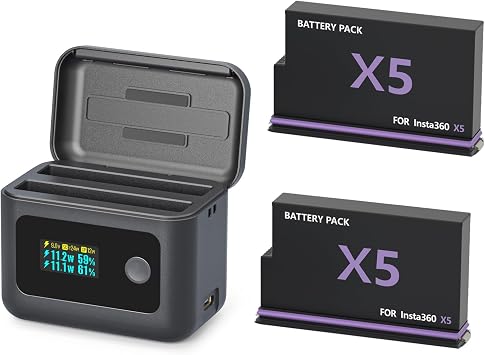 2-Pack Battery and 24W Smart Charger for Insta360 X5, 2800mAh Replacement X5 Battery, Intelligent Dual-Slot PD Fast Charging Case Hub for Insta 360 X5 Accessories