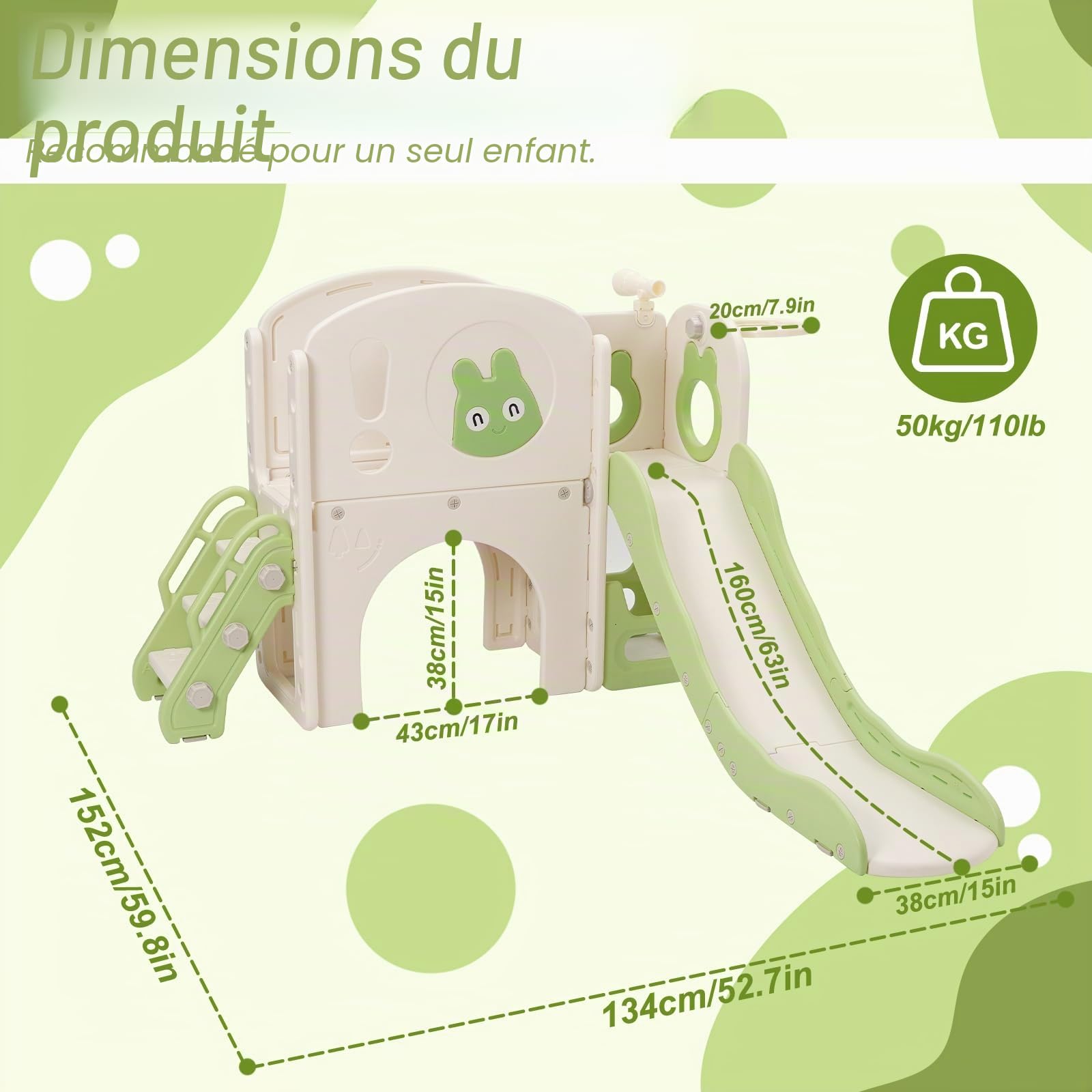 Toboggan pour enfants avec cadre d'escalade, toboggan pour enfants 6 en 1 avec télescope, panier de basket, plateforme de marche, aire de jeux pour enfants, longueur du toboggan 160 cm (vert)