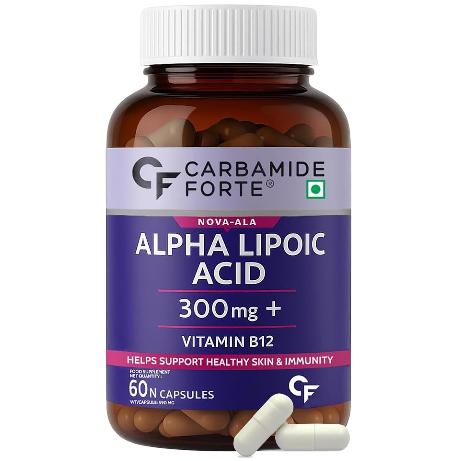 Alpha Lipoic Acid 300mg - ALA Capsules with Vitamin B12 & Lycopene | ALA Supplement | Supports Healthy Skin & Immunity - 60 Veg Alpha Lipoic Acid Capsules
