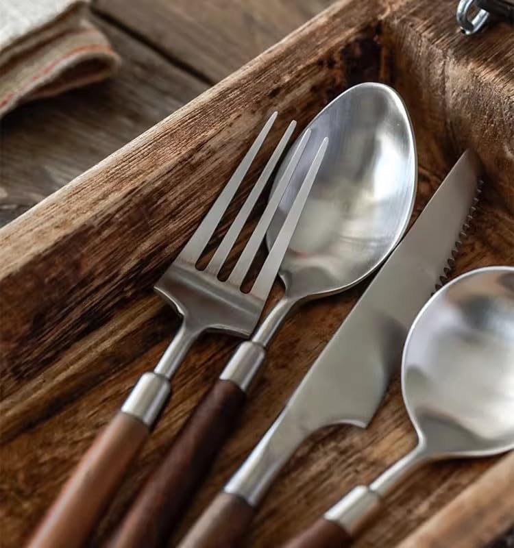 Walnut Wooden Silverware Set Flatware Set for 4 Exquisite Ergonomic Wood Handle Utensil Sets 18 10 Stainless Steel Cutlery Sets Include Fork Knife Spoon Matte Tableware,Dishwasher Safe