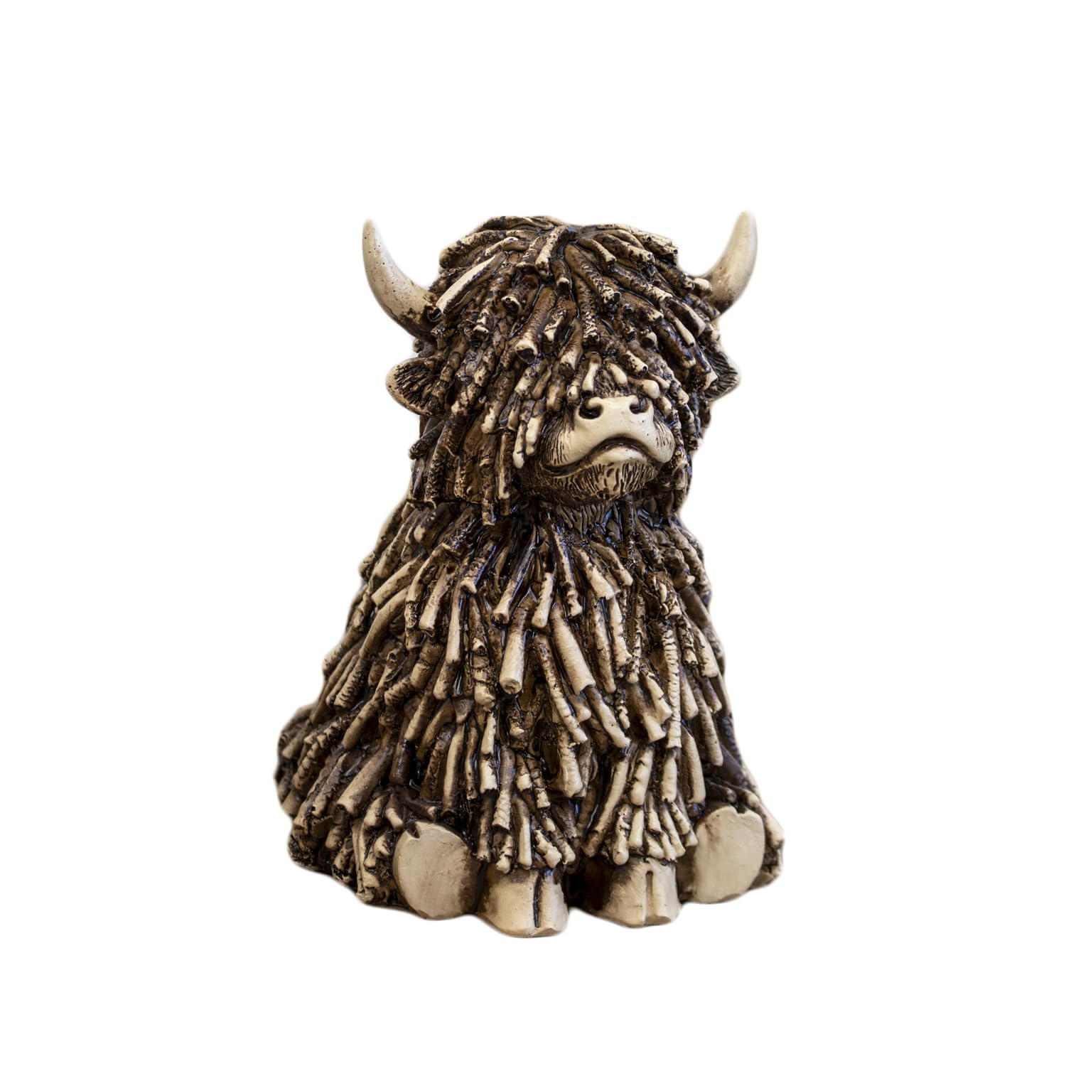 Darthome Brown Highland Cow Ornament, Resin, Sitting Figurine, Rustic Distressed Finish, 10x12x15cm, for Shelves and Mantels
