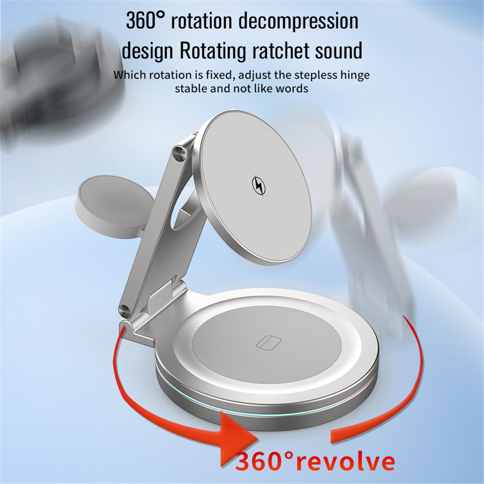 Stazione ricarica per telefono premium Illuminazione automatica Supporto per dispositivi multipli Design portatile pieghevole Supporto per telefono con base in metallo girevole a 360° con