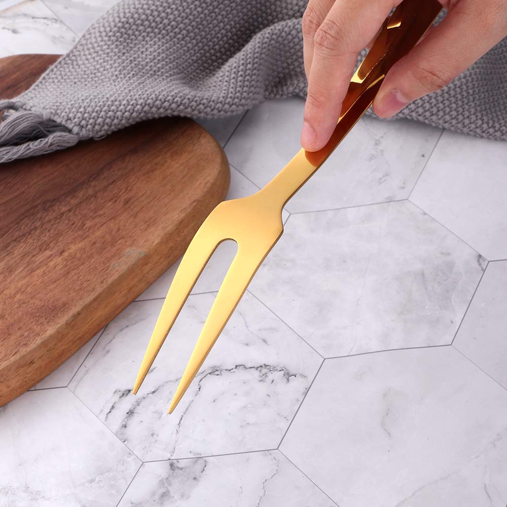 Lot de 6 fourchettes à viande dorées de 24,4 cm pour cuisine, en acier inoxydable plaqué titane, ergonomiques et polies intégrales, passent au lave-vaisselle