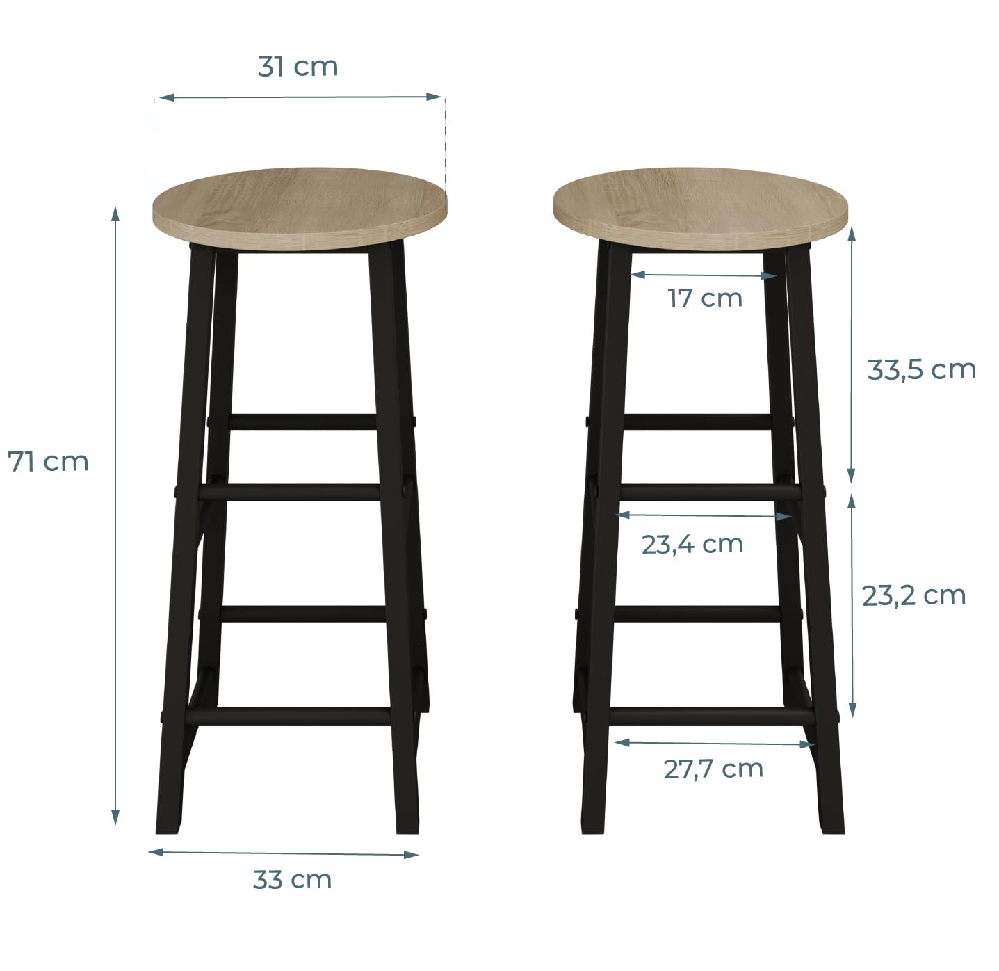 MB Muebles Bonitos, Set 2 Sgabelli Alti da Cucina Lucca, Sgabello da Bar, Moderni, Colore Nero, Struttura in Metallo, Altezza 71cm, per Cucina e Sala da Pranzo.