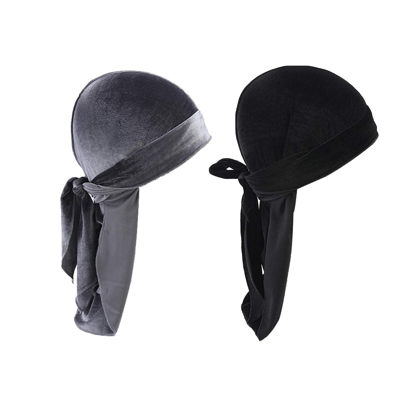 2pcs Velvet Durag for Men Women Unisex Long Tail Durag 360 Waves Headwraps Pirate Cap Bandana Turban Hat (Black + Grey)