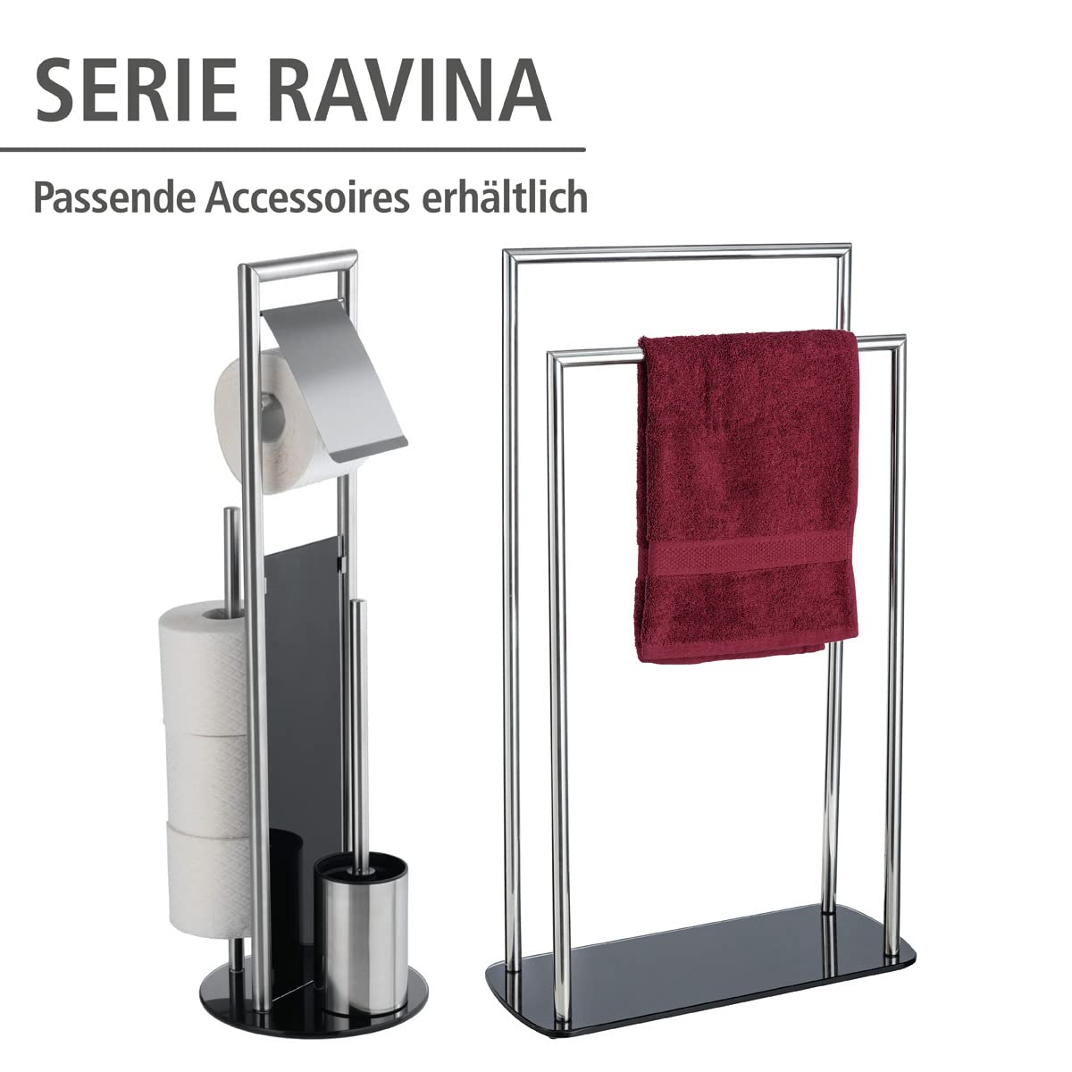 WENKO Stand WC-Garnitur Mod. Ravina 3in1 Edelstahl matt mit Toilettenpapierhalter Ersatzrollenhalter und Bürstenhalter Ø 20 x 70 cm Silber matt