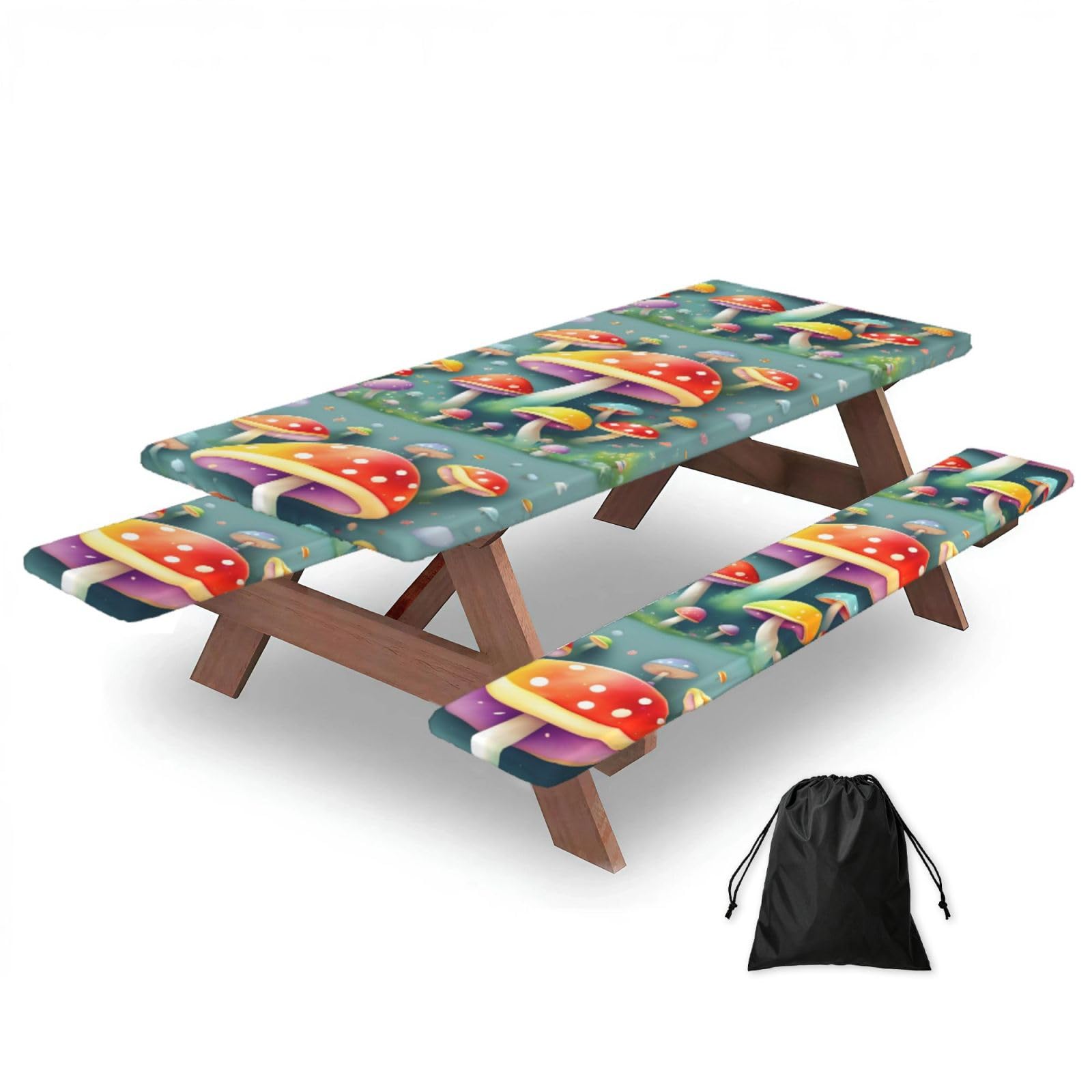Hhbiuuo Black 72In Camping Table Cover & Bench Covers 3-Pack Set, Cute Colored Mushrooms Print Tablecloths, For Rectangle Tables Picnic