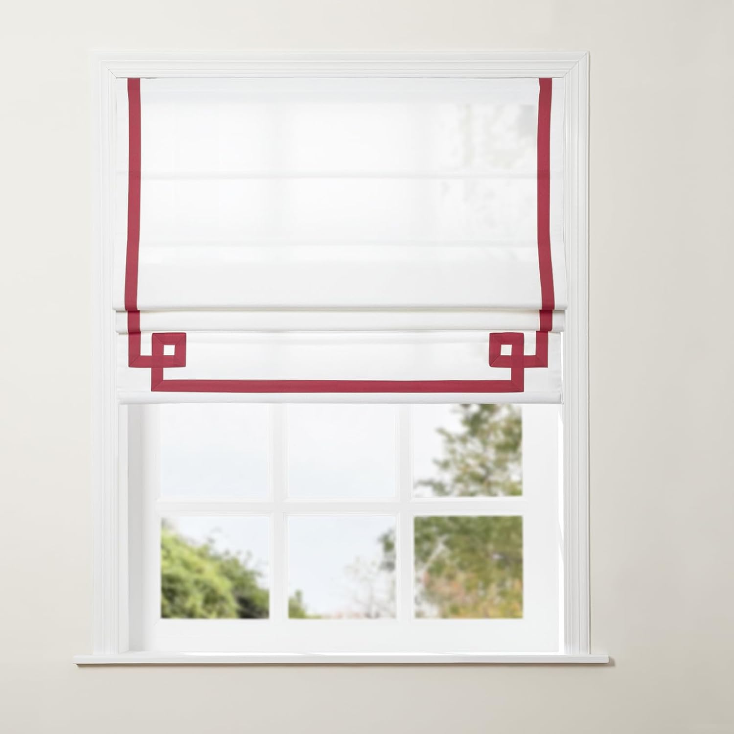 TWOPAGES Cordless White Roman Shades with Valance, Red Ribbon Border Stripe Roman Blinds for French Door, Custom Made Light Filtering Room Darkening Blinds Washable Fabric Shades, 1 Piece