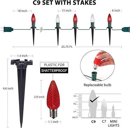 Miniatura 5 de Luces LED C9 de Navidad para exteriores con estacas, 25.7 pies, 20 luces LED C9 de fresa, conectables, inastillables, marcador de luces de camino
