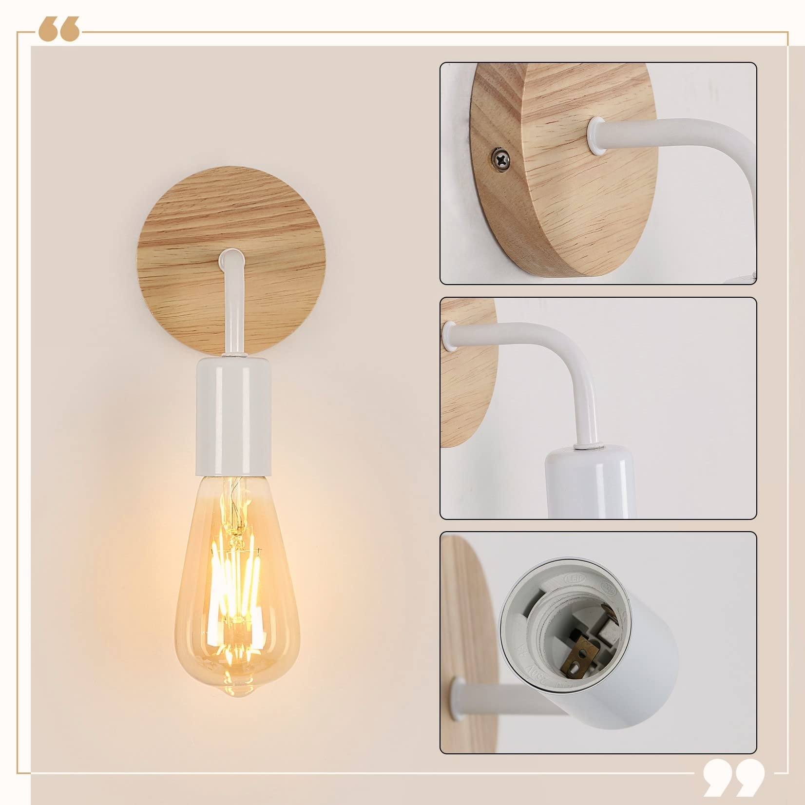 Tealight 4 Pezzi Lampada da Parete Vintage, Applique da Parete Interno in Legno, Lampada a Muro industriale E27 per Camera da letto, Corridoio, Soggiorno, Scale (Bianco)