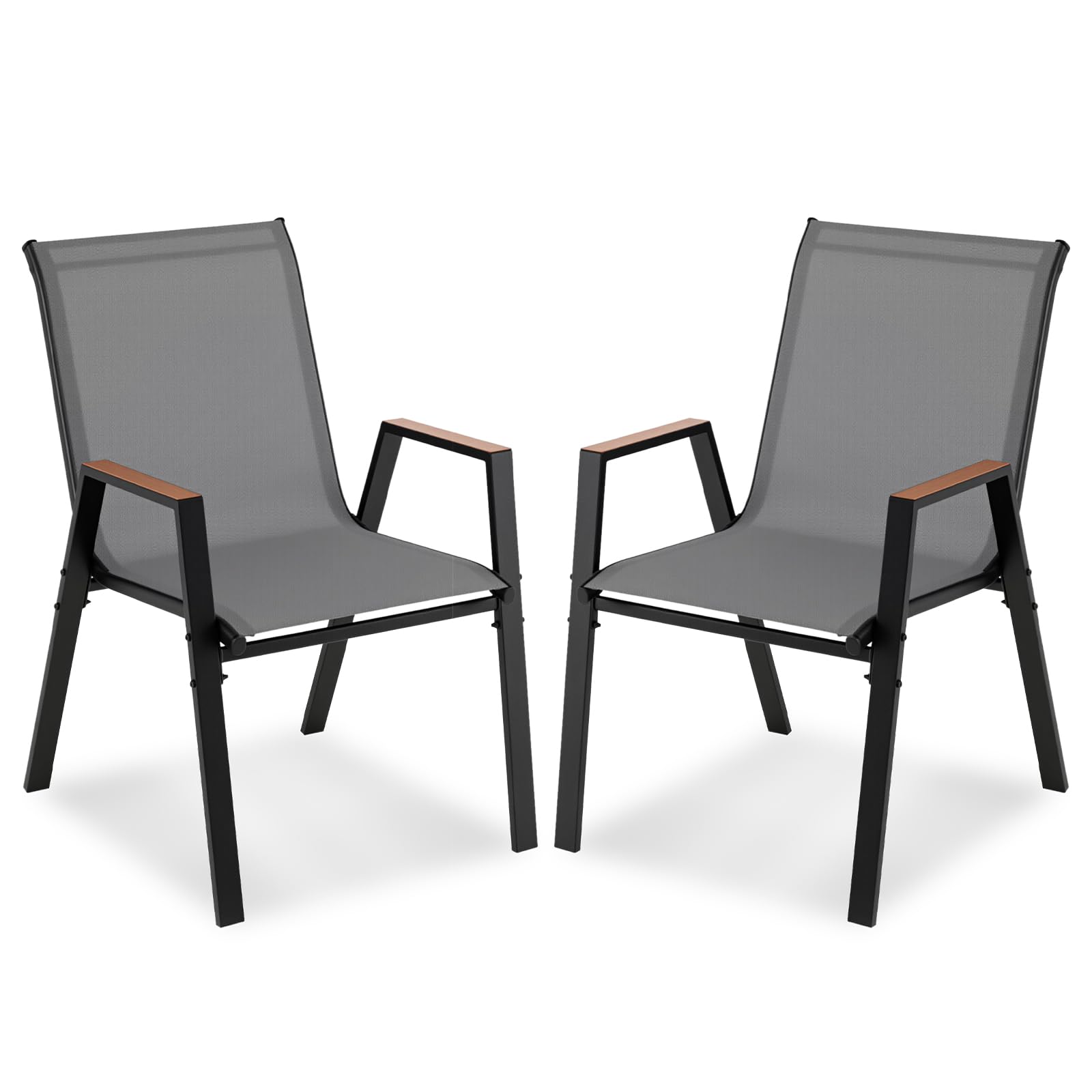 COSTWAY Stackable Garden Chairs Set of 2/4, Breathable Outdoor Dining Chairs with Backrests & Wood-plastic Armrests, Metal Frame Patio Chair for Poolside Backyard Balcony, 180kg Capacity (Grey,2 pcs) — image 1