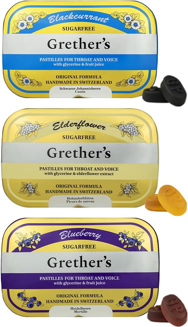 - Sugarfree Blackcurrant, Elderflower & Blueberry Pastilles โ Premium Swiss Throat Lozenges for Dry Mouth & Throat Comfort โ Gluten & Lactose Free โ Gift for Singers โ 3.75 oz, 3 Pack