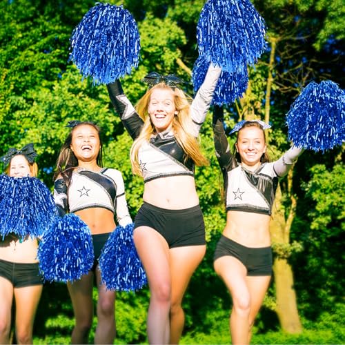 VAIPI 24 PCS Pom Poms Cheerleading Metallic Foil Cheer Pompoms with Plastic Handle for Cheerleader Squad Spirit Sports Tournament, Cheering Party,Homecoming Game,Pep Rally,Parade (Blue) - Thumbnail 6