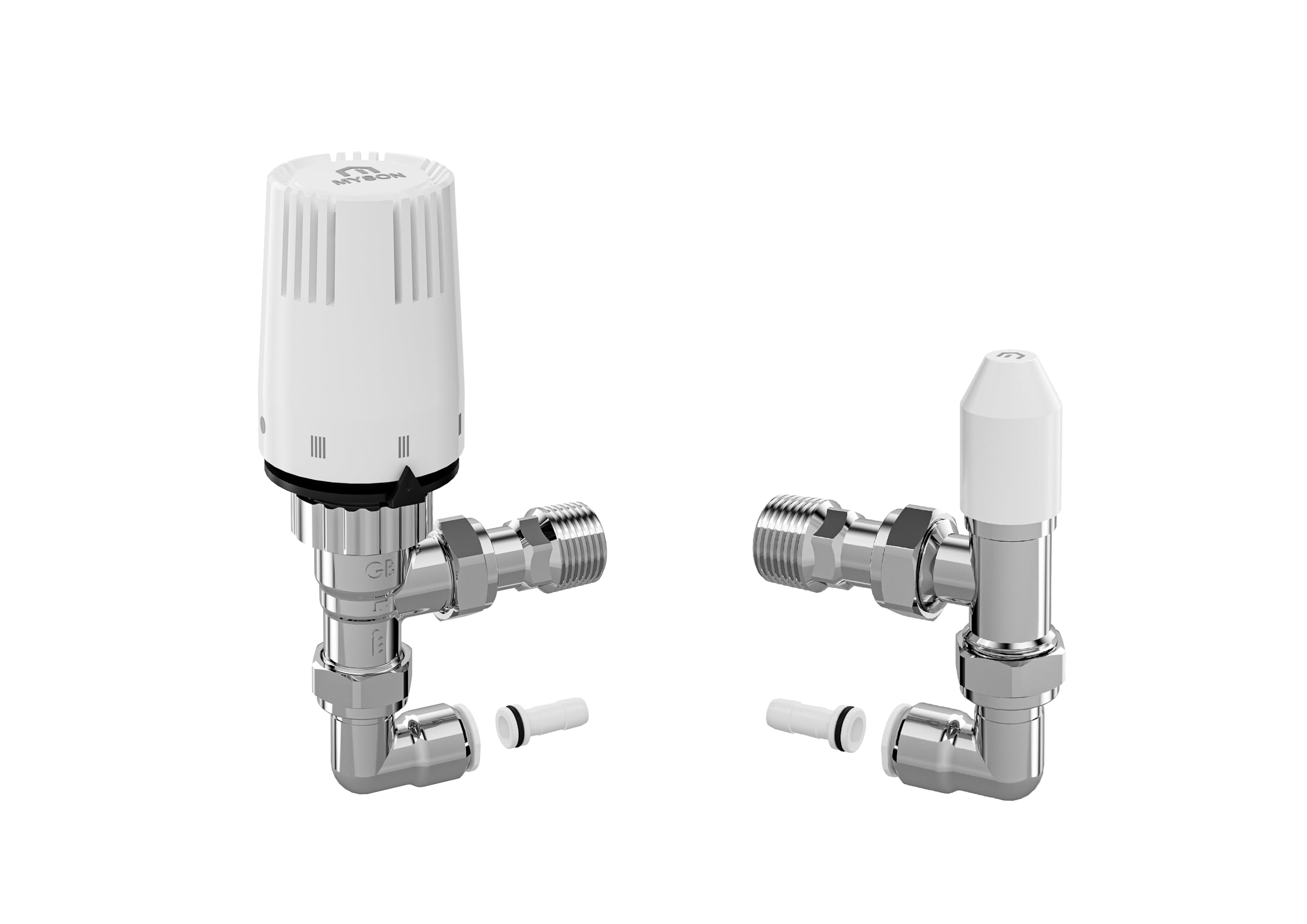 MYSON Petite TRV Radiator Valve Pack 10mm TRV & Lockshield Angled Chrome Pushfit 90 Degree Elbows