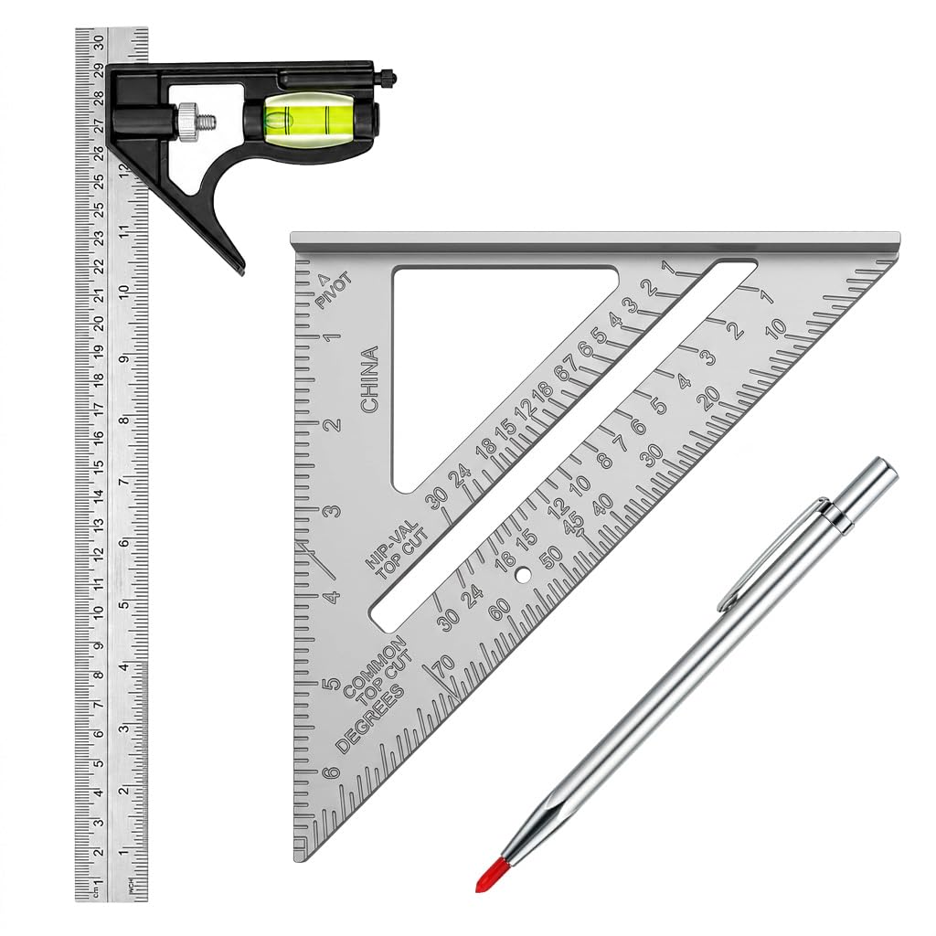 Combination Square Set 3PCS, 300mm Stainless Steel Ruler with 180mm Speed Square and Tungsten Carbide Scriber, Carpenter Measuring Tool Set for Woodworking Metal Glass Marking