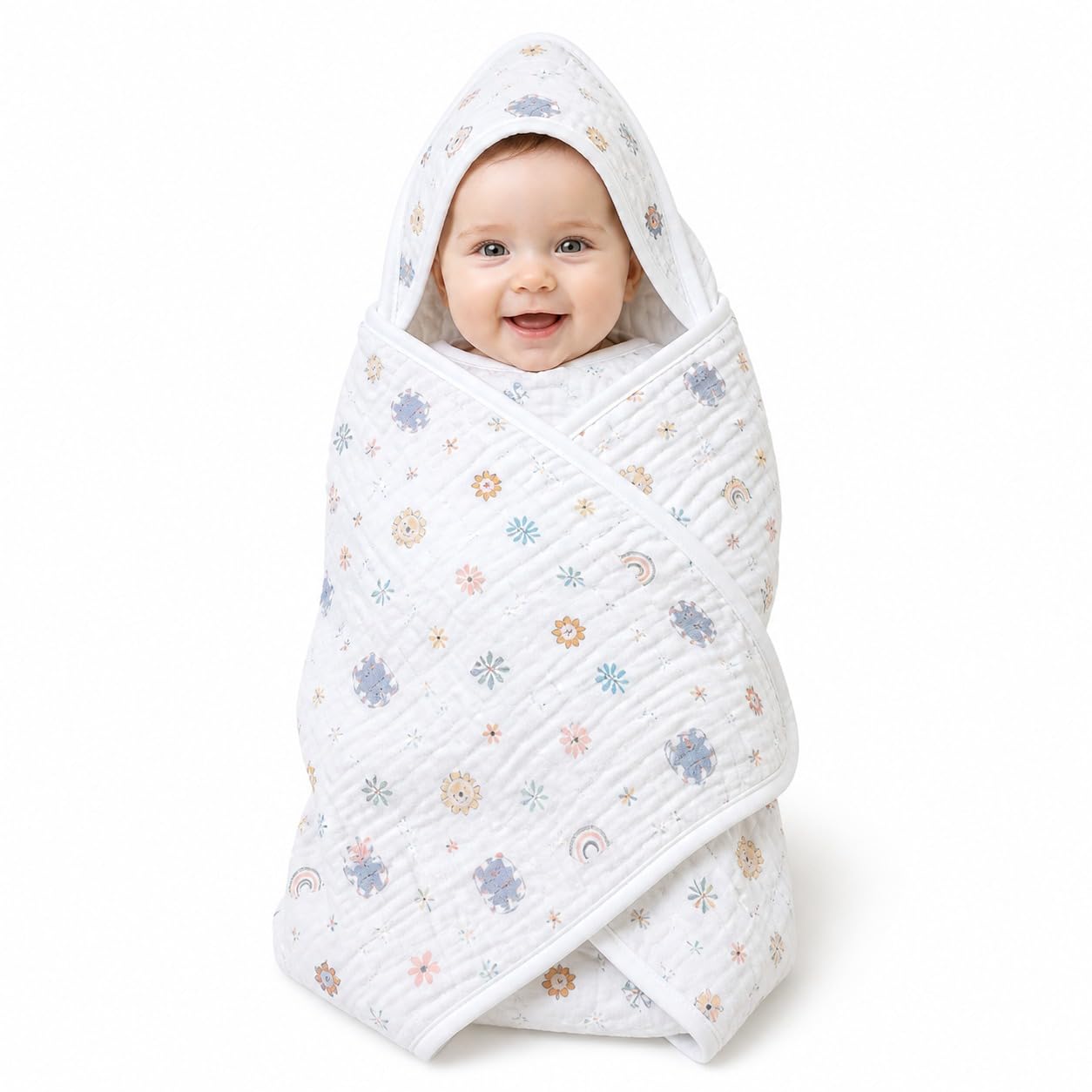 Baby Hooded Wrapper Blanket for Children | 6 Layer Muslin Cotton Newborn Towel Blanket | Ultra Soft & Absorbent Hooded Children Wrap | 90 x 90 cm Newborn Receiving Blanket-image-38