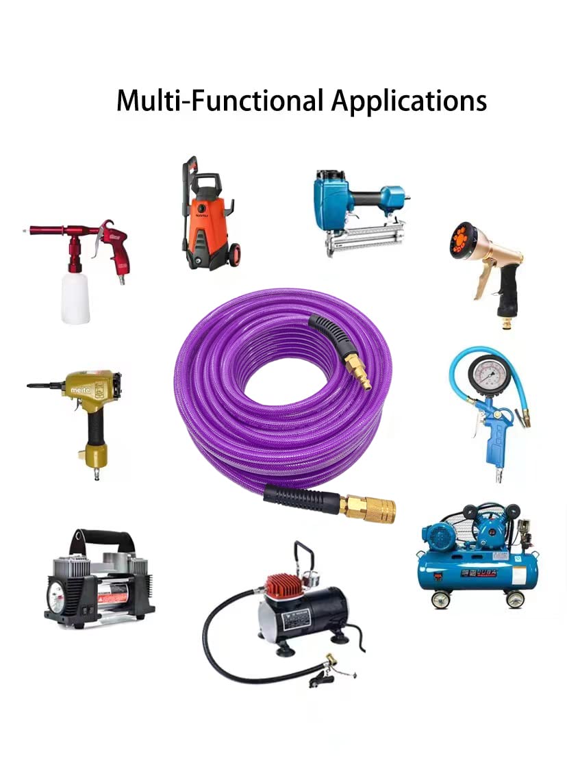 Poliuretano (PU) reforzado de 1/4 pulgadas x 50 pies, manguera de aire con acoplador rápido industrial giratorio de 1/4 pulgadas y enchufe, restrictor de curva, morado