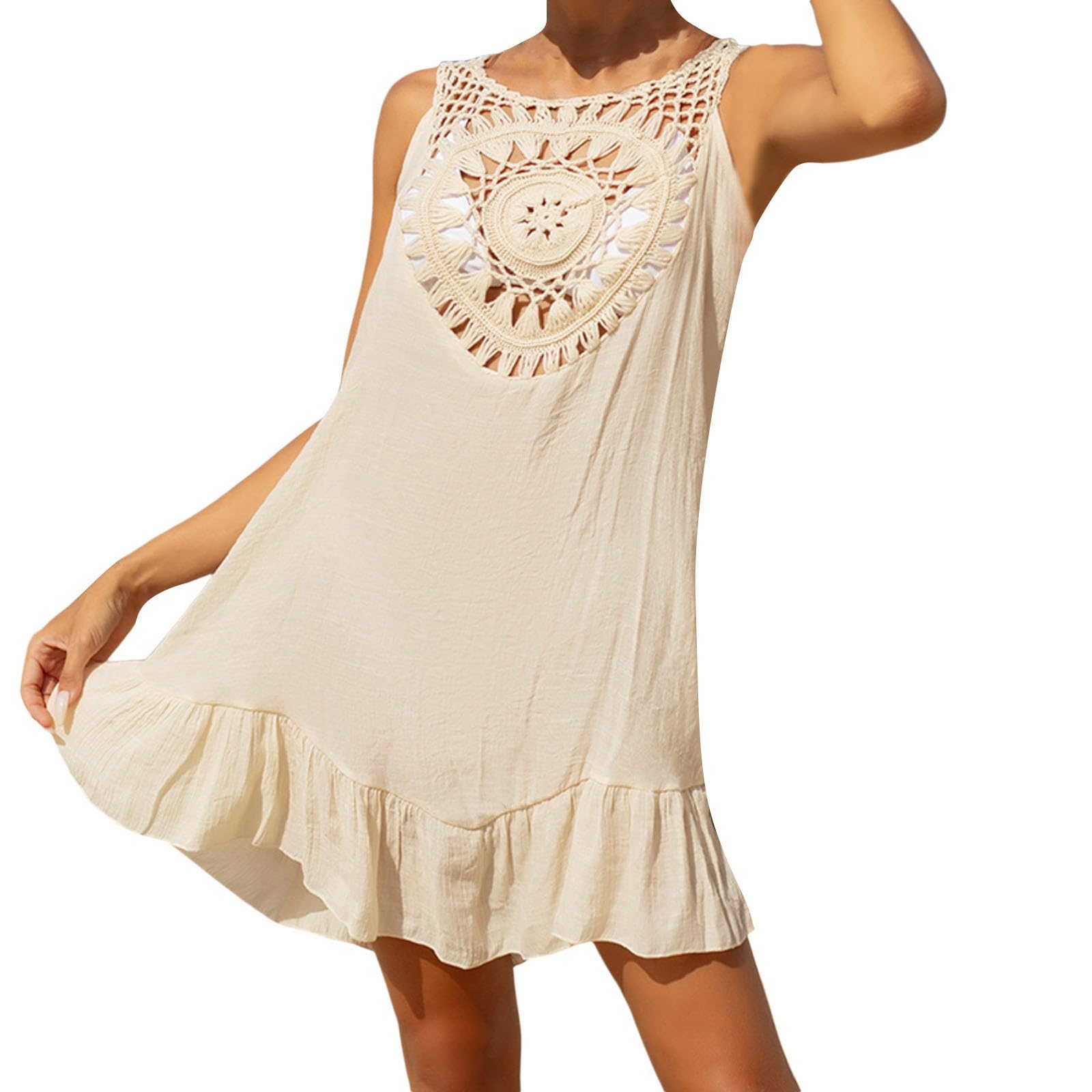 DJYQLCWA Mujer Vestido Corto de Playa Mujer Algodón Pareos y Camisola Vacaciones Europeas y, Ropa Sexy Holgada con Cuello Calado para Mujer, Nueva Falda Cubierta para