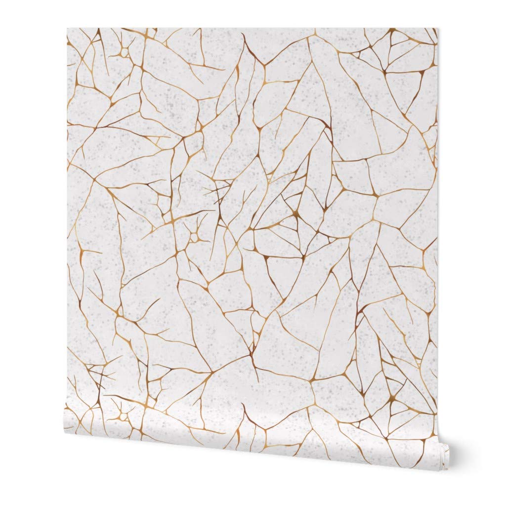 Spoonflower Peel & Stick Wallpaper Swatch - Kintsugi Style White Faux Gold Japan Japanese Inspired Folk Art Custom Removable Wallpaper