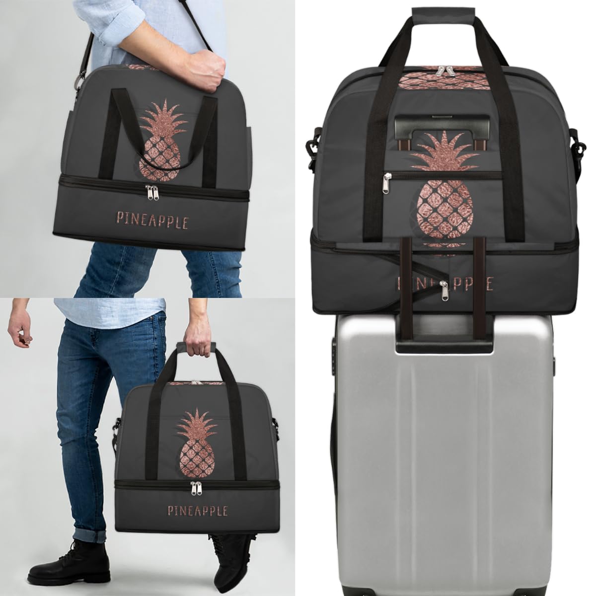 Bolsa de viaje plegable con diseño de piña, bolsa de fin de semana de 47 l con funda de carrito para el hombro, bolsa de mano separada para deportes, gimnasio, viajes, multicolor, 47L, Bolsa de viaje