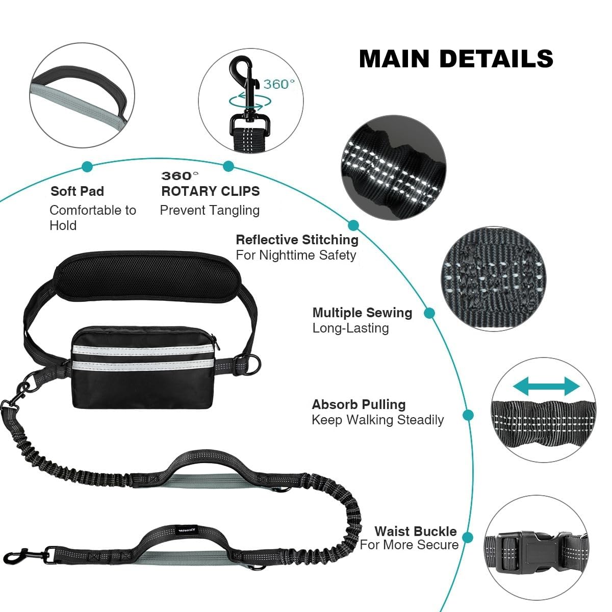 Hands free dog leash with pouch, double for two dogs retractable leash with double padded handles - Image 3