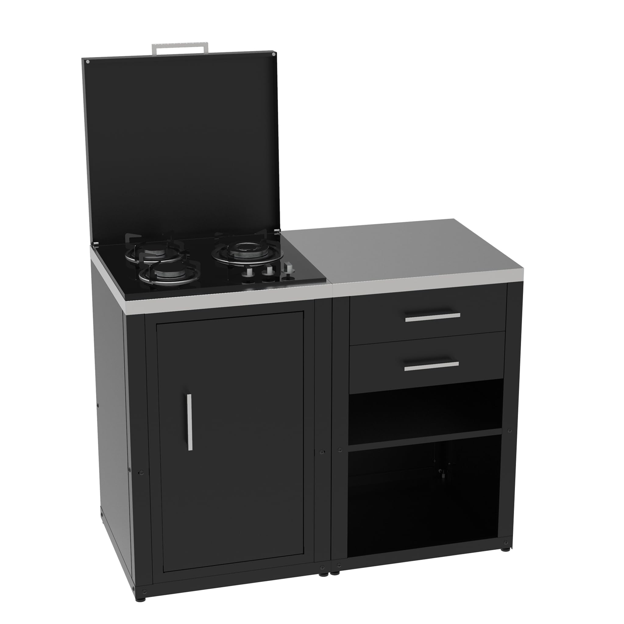 Set Cucina da Esterno a Gas 2 Elementi con 2 cassetti Estraibili - Struttura in Acciaio e Piano in Acciaio Inox - Nero