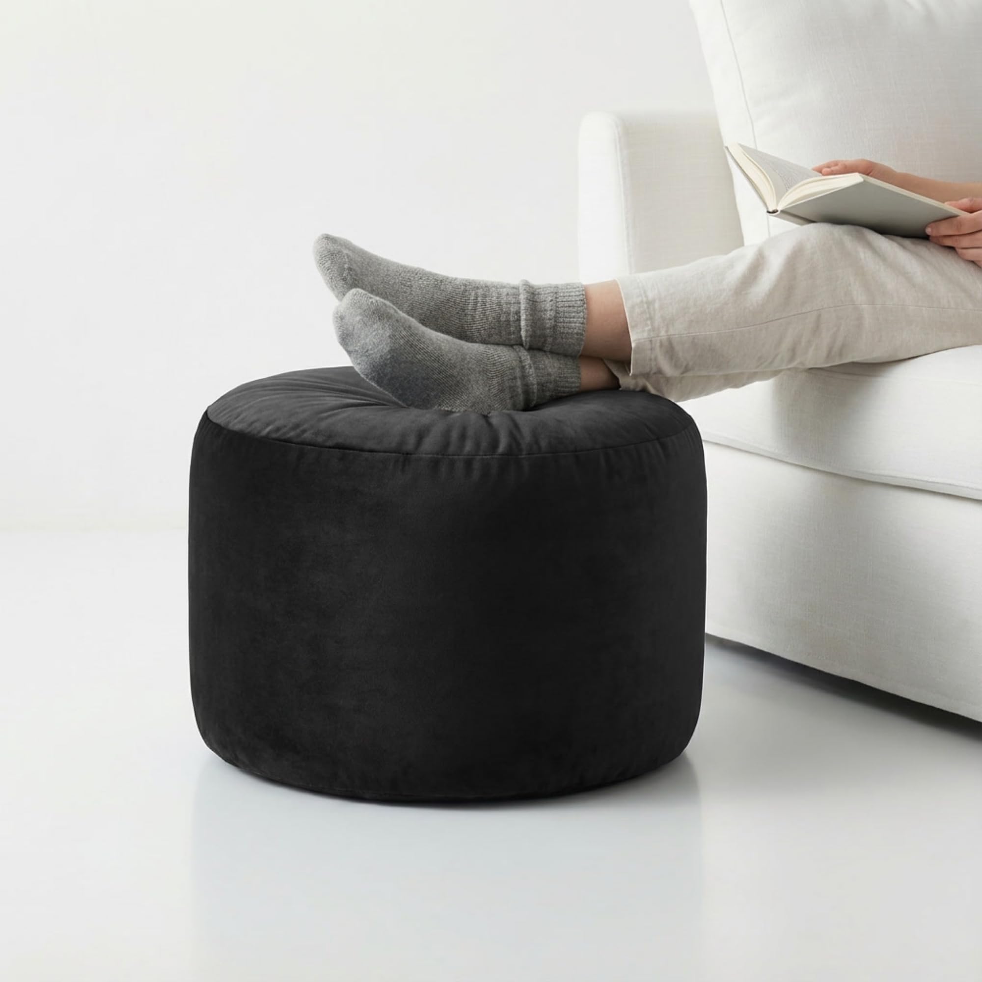 Kosiproducts Velvet Beanbag Ottoman Round Circle Footstool Pouf Chair Pouffe soft luxury Polyester (Black 45x45x45)