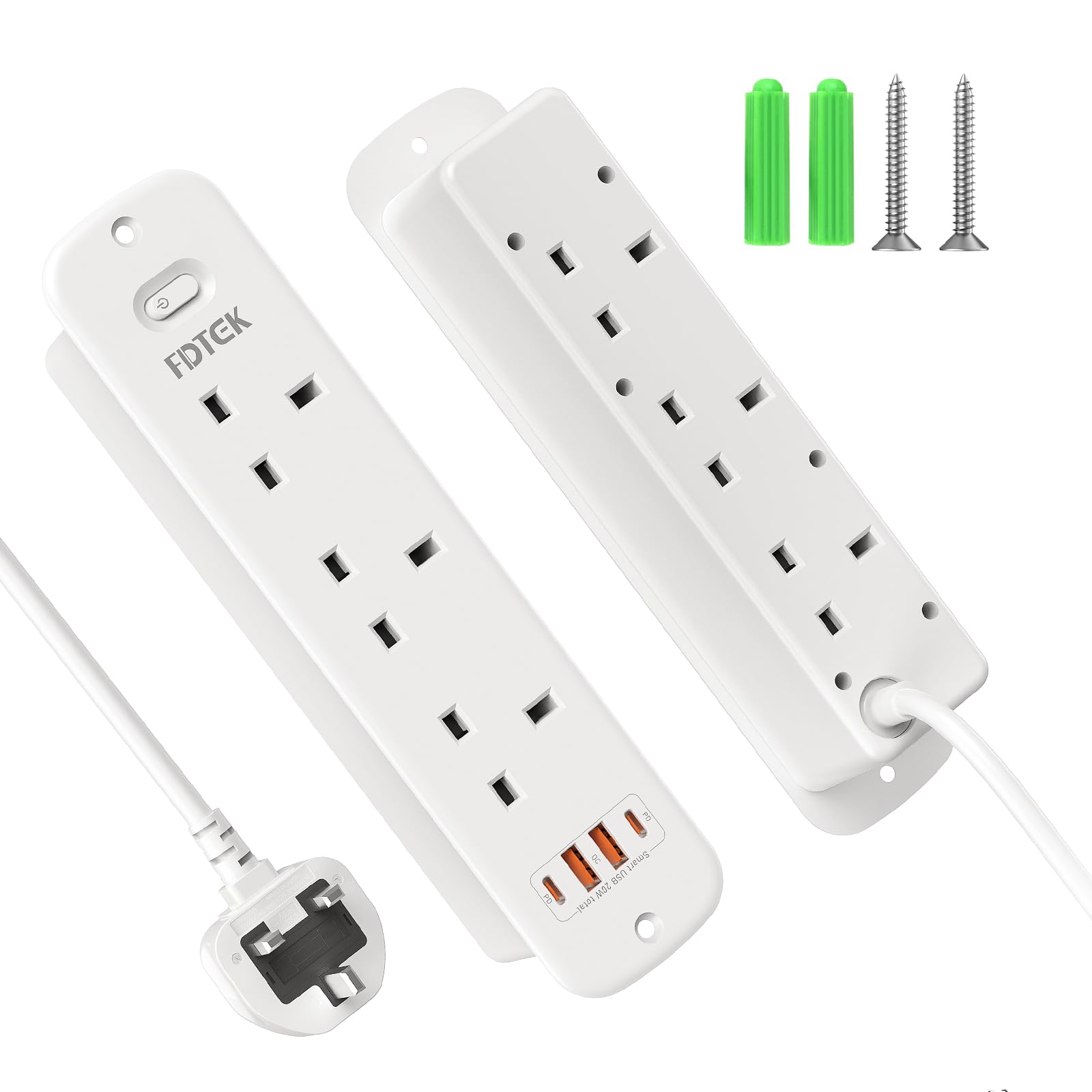 6 Way Recessed Power Socket, Double Sided Recessed Power Strip with 2 USB-C & 2 USB-A Ports, 3250W Desk Power Socket for Furniture Kitchen Office 1.8M Cable