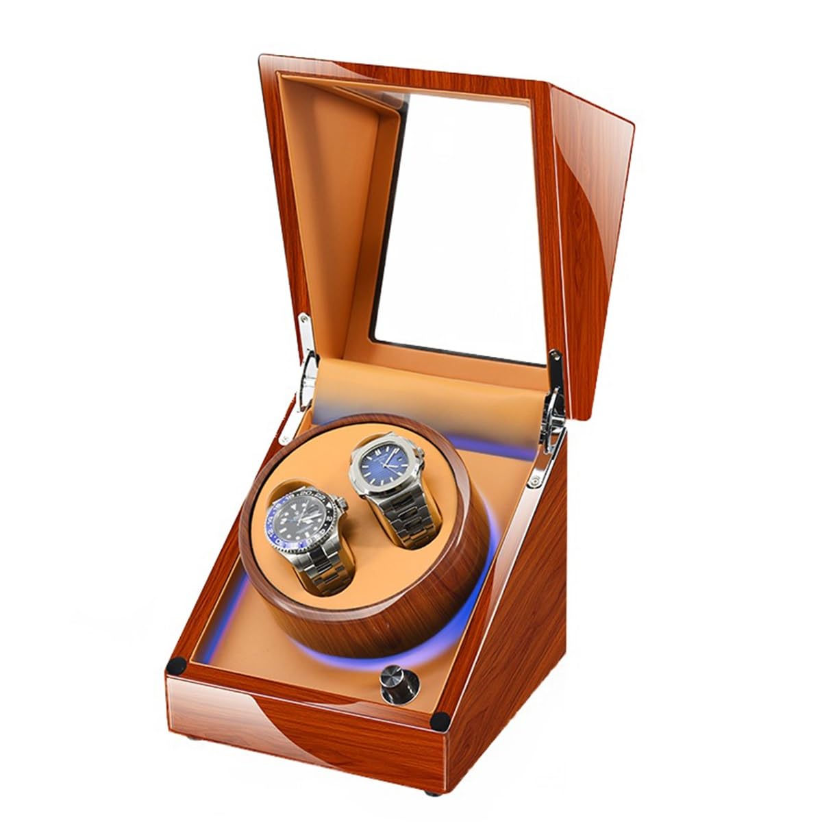 MYUYEE Automatic Watch Winder For 2 Watches 5 Different Settings With Direct Drive Quiet Motor Led Light Spring Action Pillow Wristwatch Storage Case (Brown-2+0)