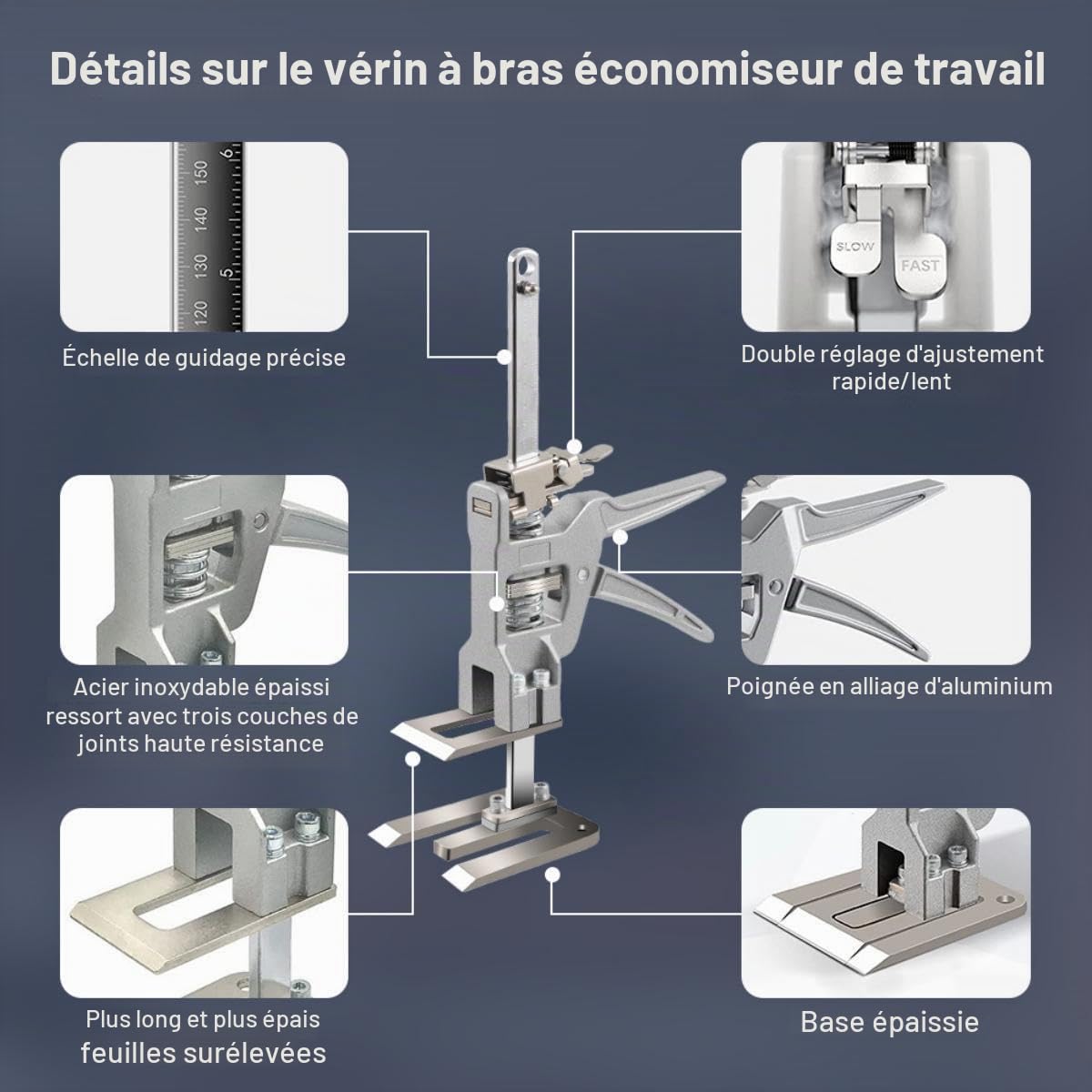 Lot de 2 vérins à bras entièrement en métal pour économiser la main-d'œuvre, dispositif de levage multifonction de réglage de la hauteur, mod descente à deux vitesses, cric d'armoire, cric pour