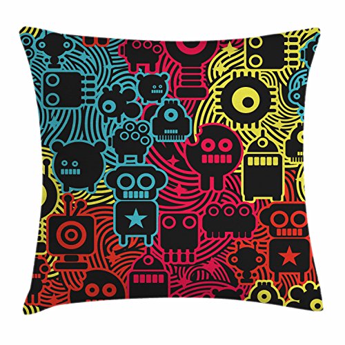 Lunarable Modern Throw Pillow Cushion Cover, Digital Monsters and Robots Animals Futuristic Caricature Illustration, Decorative Square Accent Pillow Case, 26