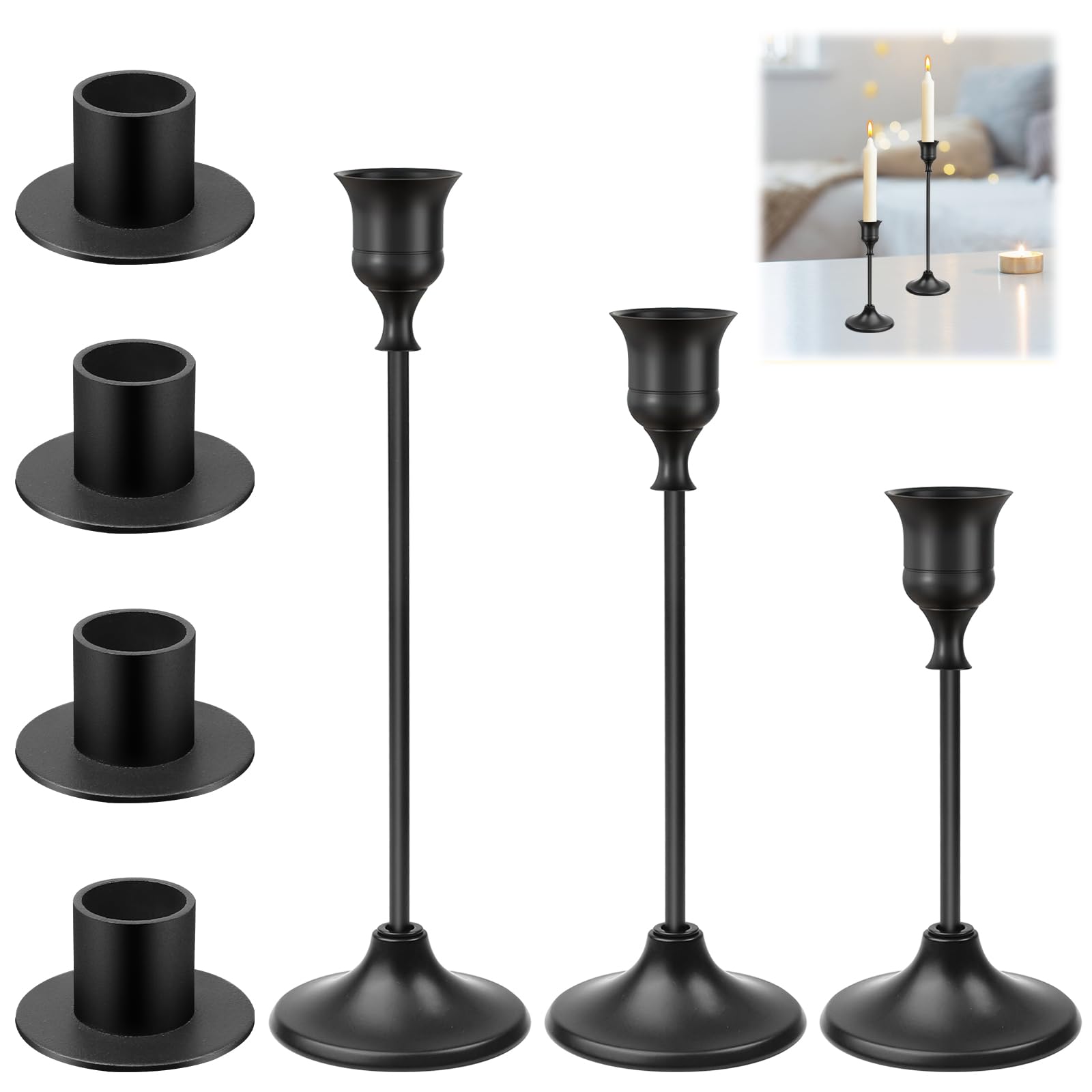 Black Metal Taper Candle Holders - 7 Pcs Vintage Candlestick Holder, Retro Taper Candle Holder, Round Candle Sticks Holder, Used to Decorate Tables, Parties, Weddings, and Holidays (2 Styles)