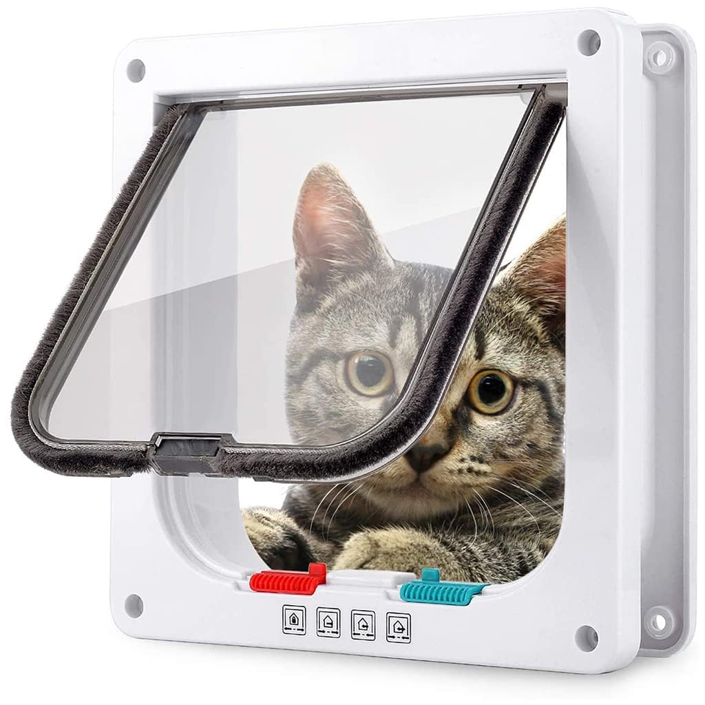 Iktu® Large Cat Door (Outer Size 23.5x25x5cm), Weatherproof, White, ABS Material, 4-Way Locking Flap for Small Cats & Dogs