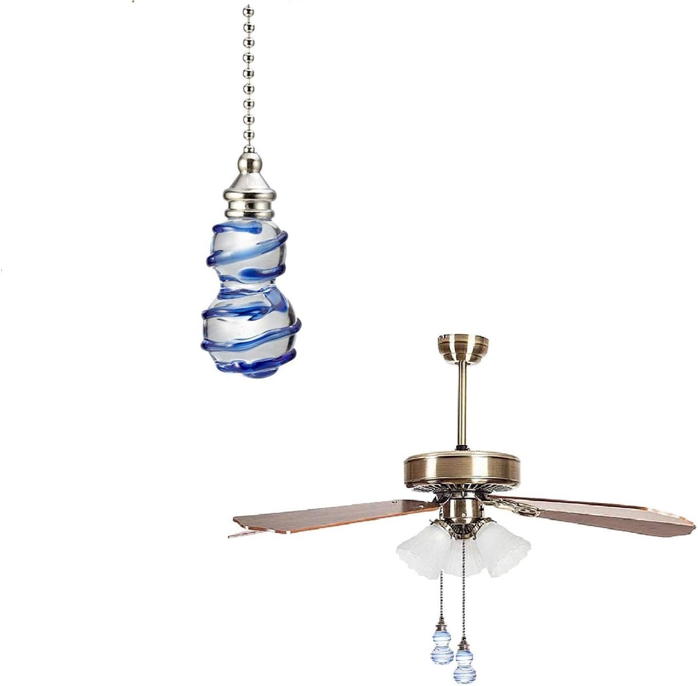 Saim Ceiling Light Fan Pull Chains Ornament 12 inches Decorative Pullchain Hanging Pendants Crystal Clear and Blue Drizzle Glass Brushed Nickel Finish Chain Pulls for Ceiling Lights, Fans, DZ010,1PCS