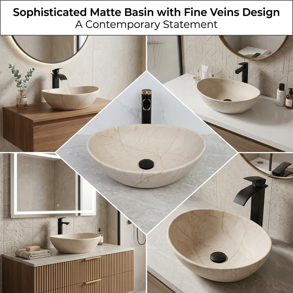 BASSINO 16x13x5.5 Inches Table Top Washbasin/1 Year Warranty/Ceramic Wash Basin for Bathroom/Boat-Cut Shape Counter Top Wash Basin for Dining Hall/Living Room/Tabletop Sink(Matt Ivory-Beige Marble) 4