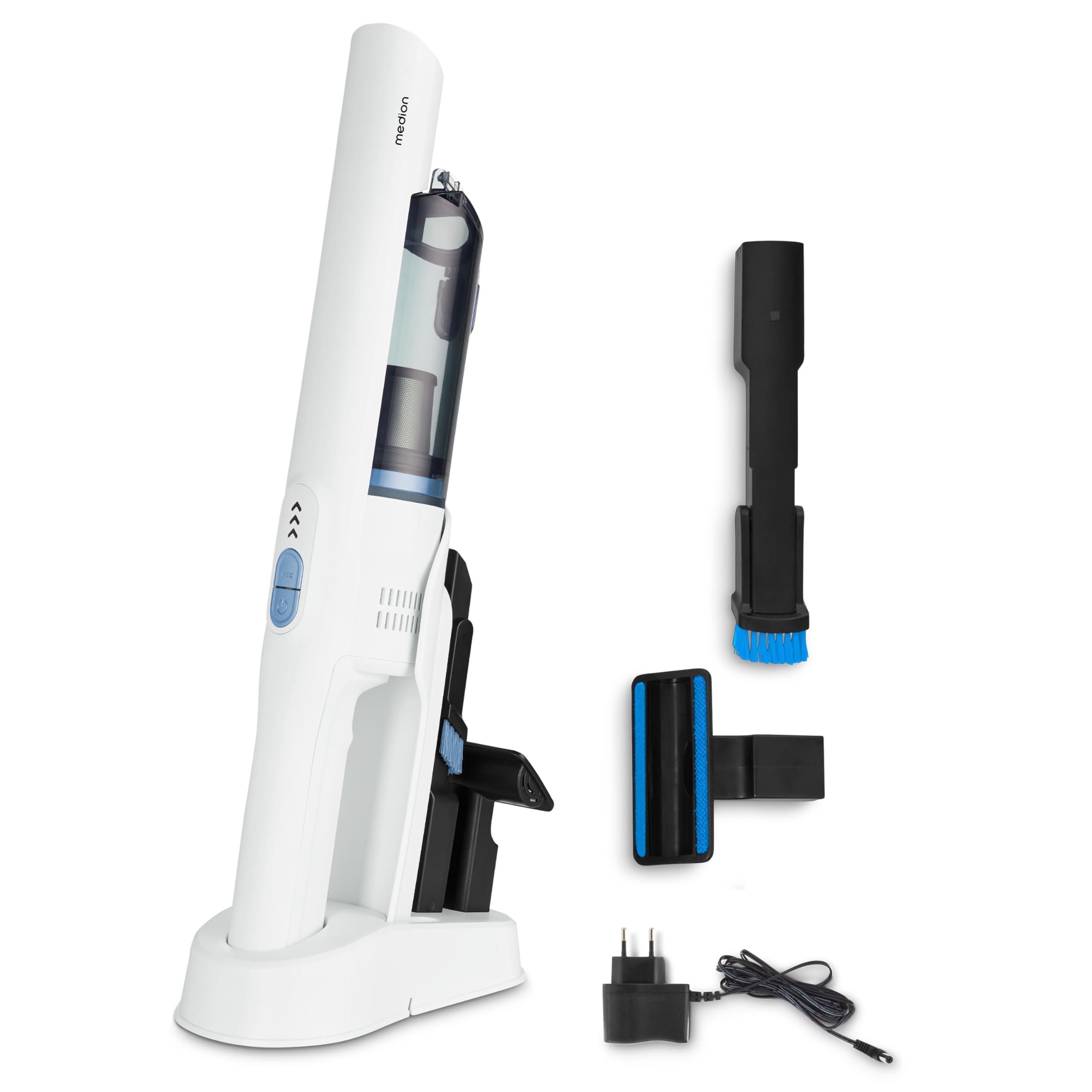 MEDION Aspirateur à Main (Moteur BLDC, Filtre HEPA 13, Filtration poussières allergènes, Puissance d’Aspiration 20 kPa, Batterie, Station de Charge, sans Fil, MD12057), Blanc