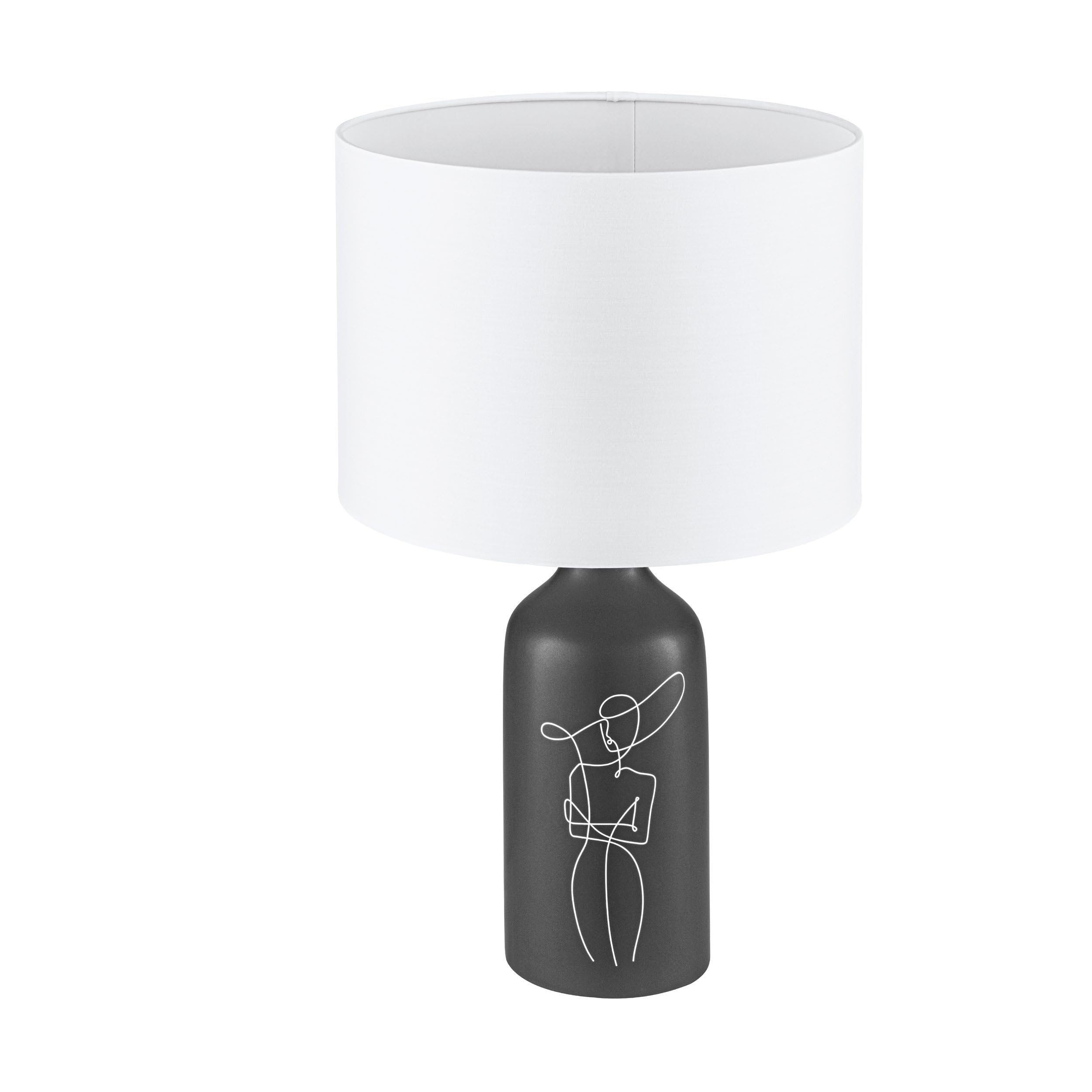 Eglo Vinoza lámpara de mesa, iluminador para mesa de noche con pantalla | luminaria de cerámica en negro con motivo y textil en blanco, dormitorio deco, luz para sala, casquillo E27