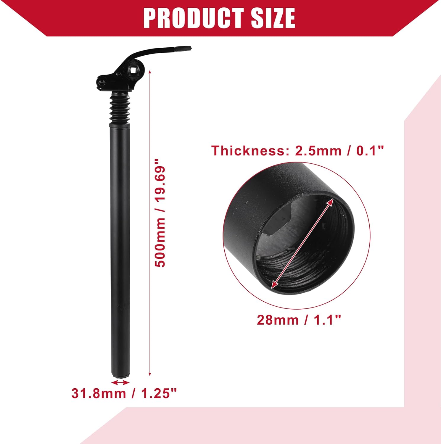 Bicycle Seat Post / Inner Adjustable Bike Seat for MTB Mountain Bike / Durable Aluminum Alloy Iron 31.8x500mm / 1Pcs Black