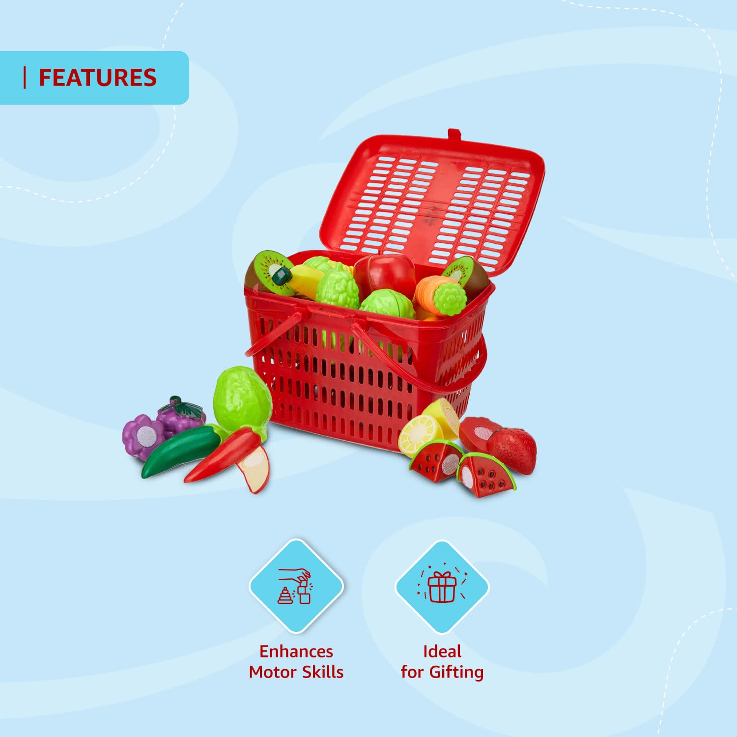 Amazon Brand - Jam & Honey Fruit and Vegetable Basket Toy for Kids|Pretend and Play Food Basket |Realistic Cutting and Slicing | Ideal for Kids Age 3+/7 Fruits/7 Vegetables/1 Chopping Board/1 Knife, - Image 4 thumbnail