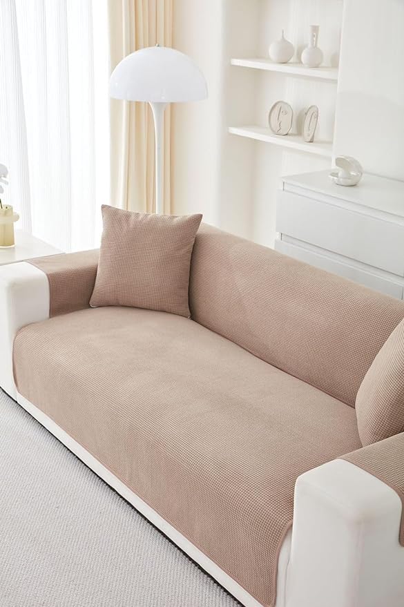 Image of HOMETHREADS Innovative Premium Sofa Cover Set with PVC Backing for Non-Slip Comfort (Tan, 1 Seater | 176x63cm)