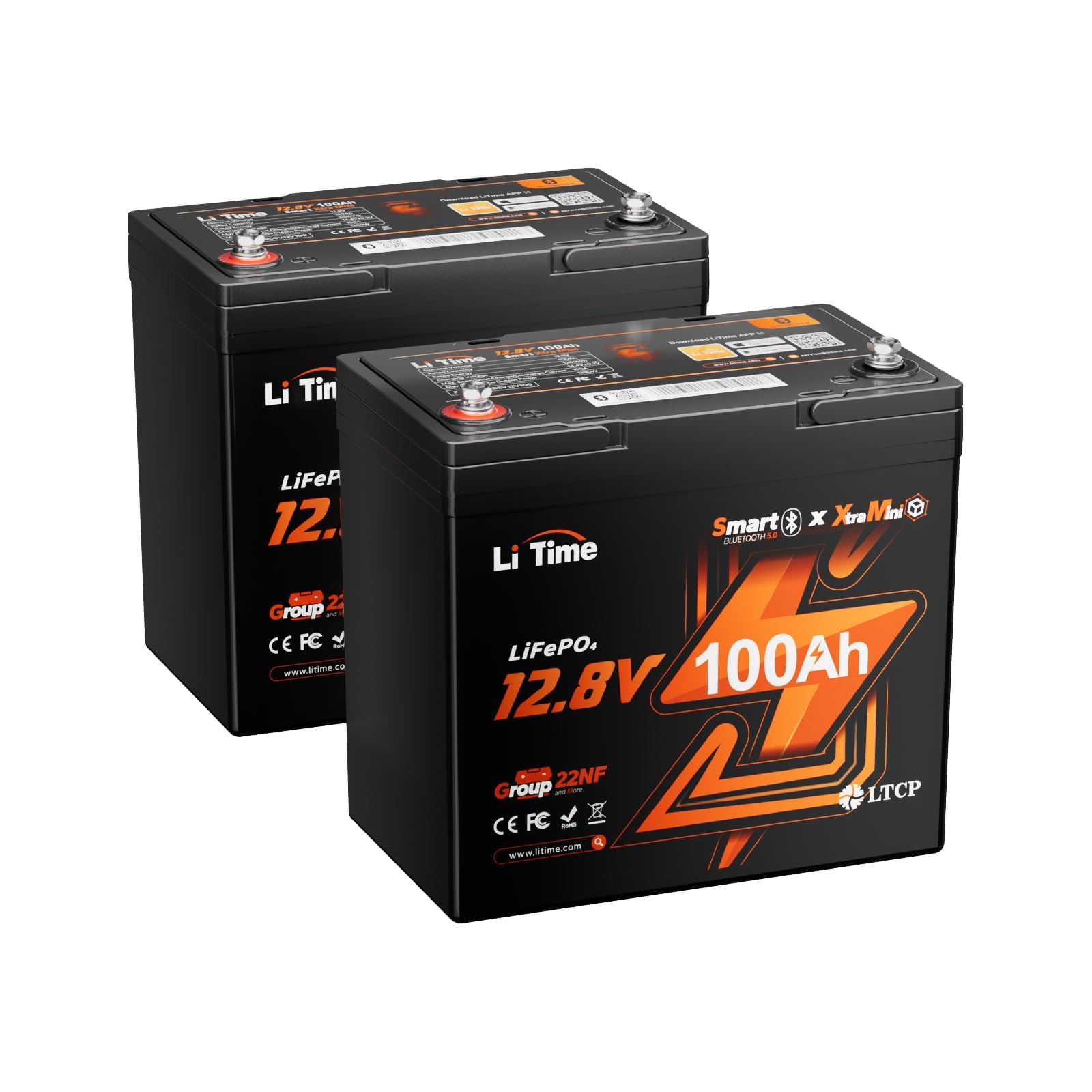 Litime 12V 100Ah Xtra-Mini LiFePO4 Battery for RV, Marine, Boat(2Pack)