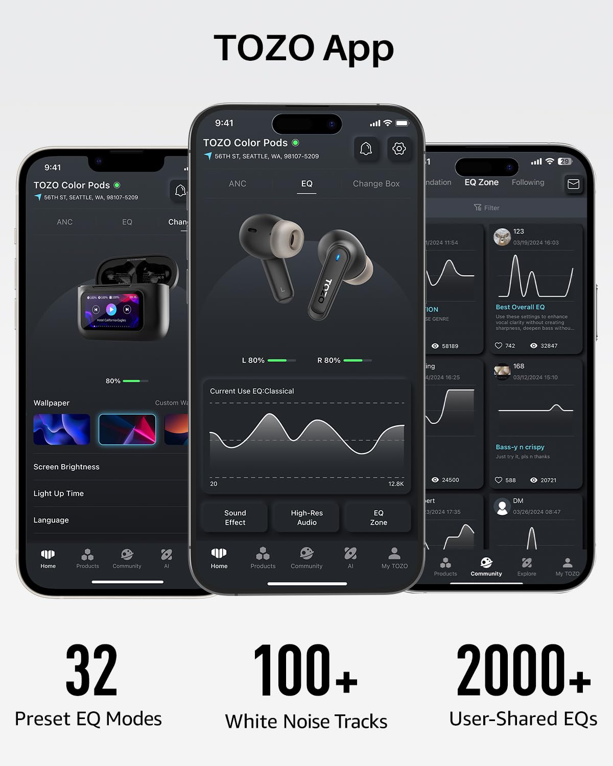 TOZO Auricolari ibridi con cancellazione attiva del rumore con touch screen intelligente, riproduzione MP3 locale, auricolari wireless ANC da 38 dB, 4 Mic ENC, bassi profondi, 38H, IPX8, auricolari
