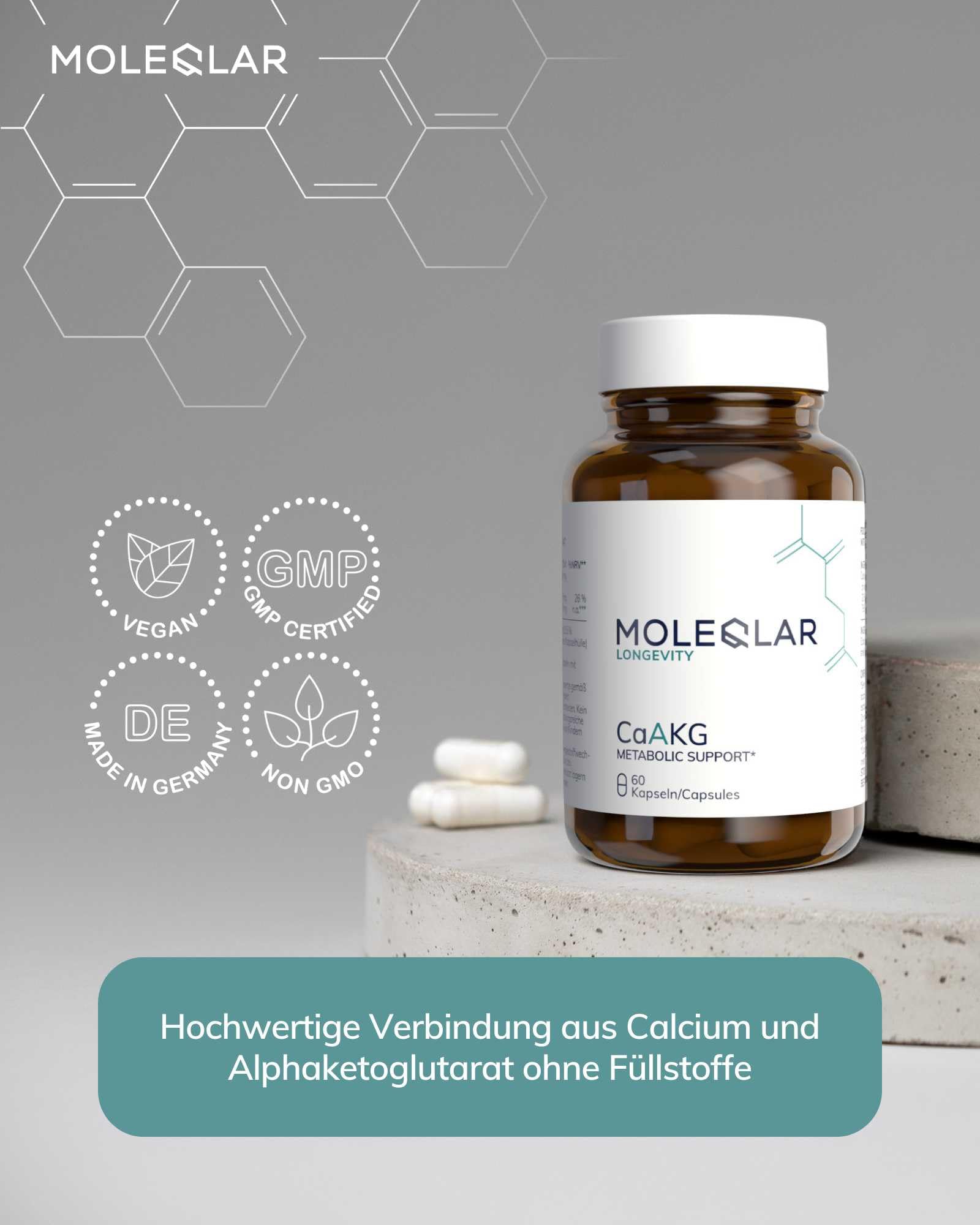 MoleQlar CaAKG (Calcium-Alphaketoglutarat) Kapseln 60 Stück - Nahrungsergänzungsmittel mit Calcium & Alphaketoglutarat - 1000 mg Ca-AKG pro Portion - Monatsvorrat